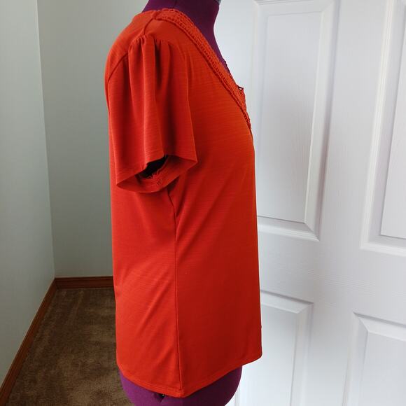 East 5th Lace V-neck Orange Blouse XL y2k business casual short sleeve polyblend - Picture 4 of 13